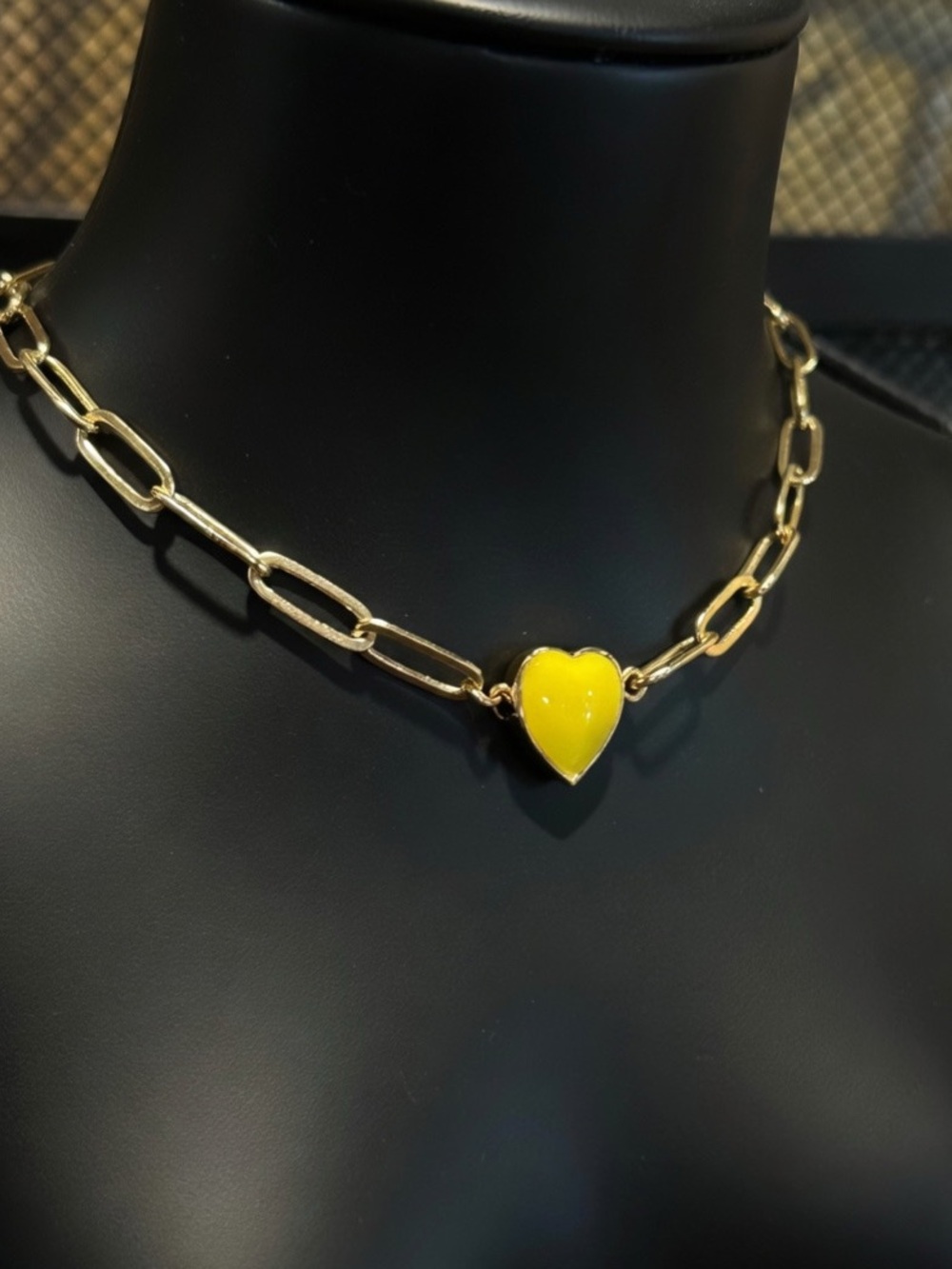 Neon Yellow Enamel Heart Necklace – 15″ Gold-Plated Paperclip Chain Choker